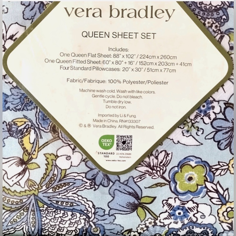 NEW Vera Bradley Queen Sheet Set 6 Piece Blue Floral - Picture 2 of 6